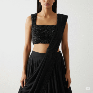 black lehenga with pearl blouse